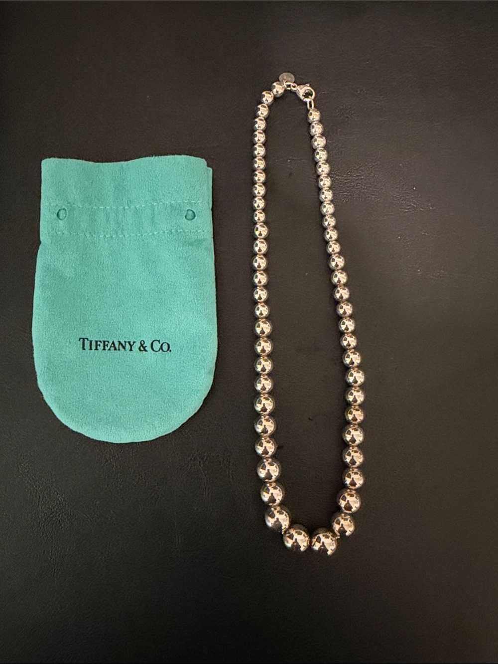 Tiffany & Co. Sterling Silver Graduated Bead Necklace with Tiffany Blue Pouch
